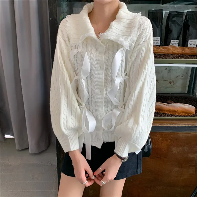 Alien Kitty White All Match Patchwork Lace Girls Preppy Style Fashion Warm Sweet Autumn Cardigans Loose Casual Knitted Sweaters