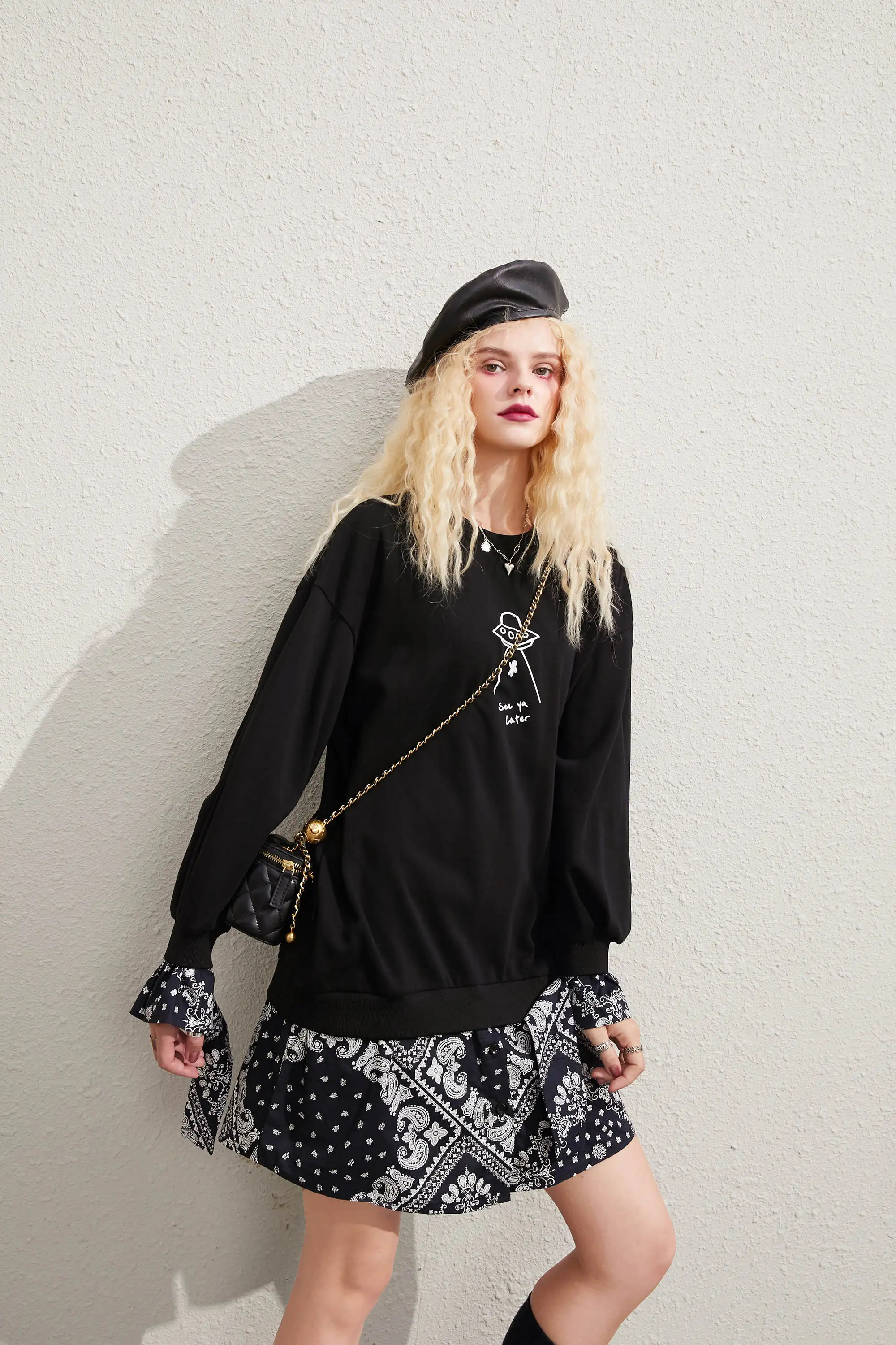 ELFSACK Black Graphic Print Casual Mini Dress Women,2020 Autumn ELF Vintage Full Sleeve Patchwork ,Korean Ladies Daily Dresses