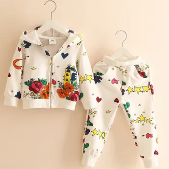 

Children's Clothing Girls Cartoon Print Graffiti Hooded Children's Sports Suit 2019 Spring and Autumn New Casual Zipper Cardigan