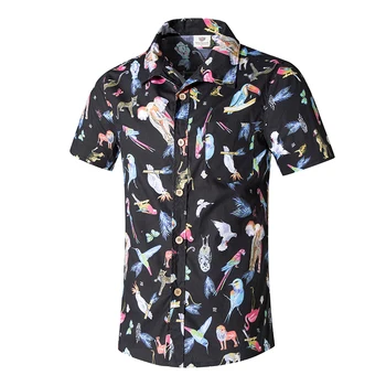 

Plus Size Black Flower & Birds Printed Pure Cotton Summer Shirts Short-sleeved Casual Beach Hawaiian White Shirt