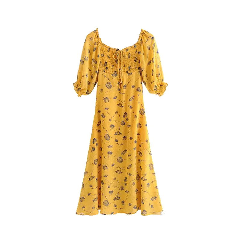 

French Retro Seaside Vacation Style Playing Football with Lace-up Hollow out Printed Waist Hugging Slimming Elegant Mid-length D