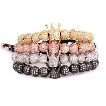 High Quality Luxury Men Women Jewelry Bracelet 8mm CZ Micro Pave Ball Crown Adjustable Beads Bracelet