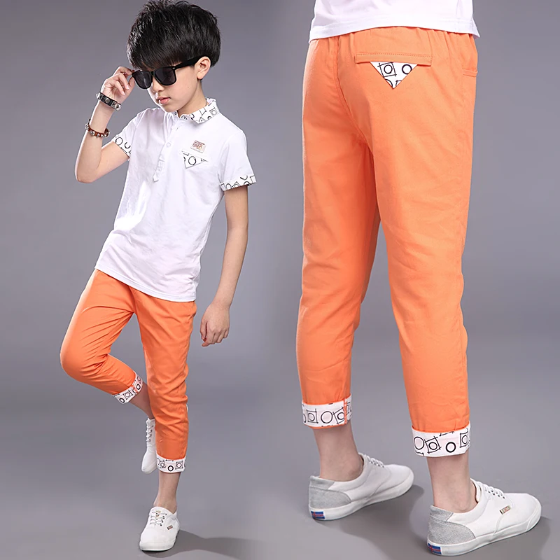 Коллекция года, летняя детская одежда штаны для мальчиков строгие однотонные тонкие хлопковые штаны для мальчиков, Узкие повседневные штаны для больших детей длинные штаны