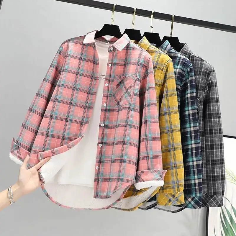 Velvet Thick Warm Women's Plaid Shirt 2023 Solid Female Long Sleeve Tops Winter Fleece Casual Check Blouse Autumn Clothes XXXL