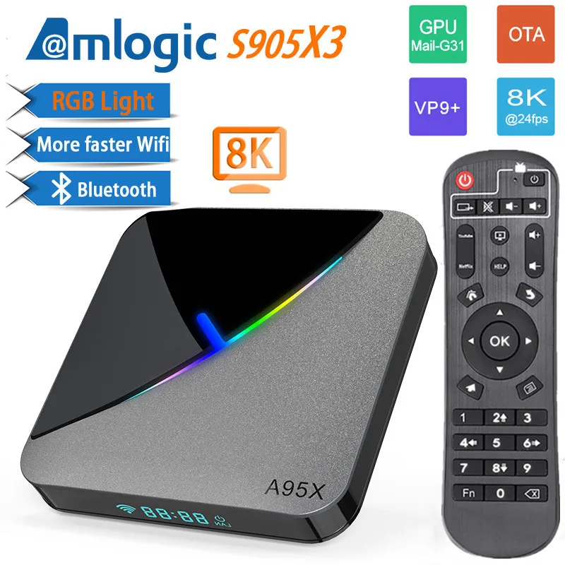 ТВ-приставка A95X F3 Android 9 0 RGB светильник 4 Гб 64 ГБ 32 Amlogic S905X3 приставка 2 4/5G wifi 8K Netflix Plex