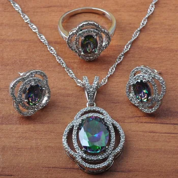 

luxury Multicolor Rainbow ZirconiaSilver Color Jewelry Sets For Women Earrings Necklace Pendant Rings Set Brithday Gift JS0636