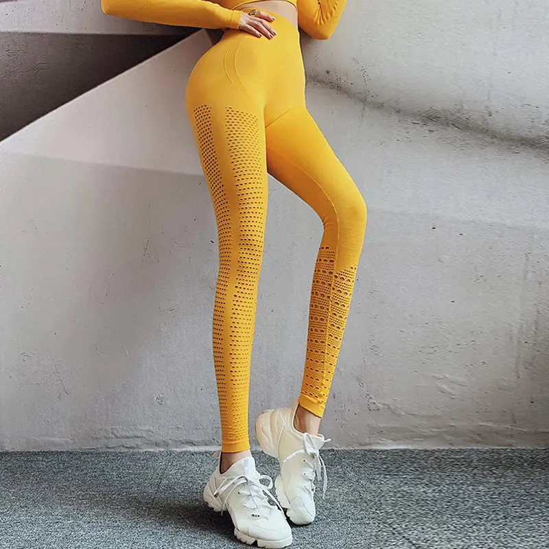 Новая обновленная модель женских леггинсов с высокой талией, безупречные трикотажные бесшовные Леггинсы для йоги, контроль живота, леггинсы для фитнеса, тренажерного зала, спортивные штаны для тренировок - Цвет: Yellow
