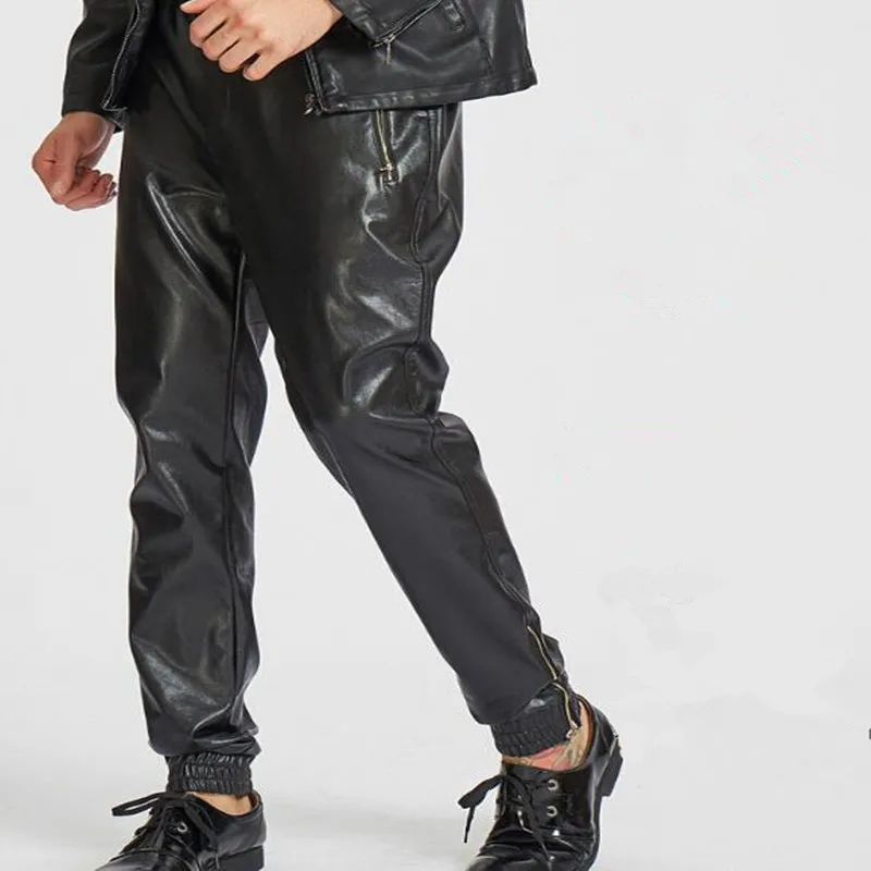 

Men's PU Faux Leather Harem Pants Spring Autumn Elastic Waist Men Harlan Leather Trousers Ankle Banded Pants Men Bottoms