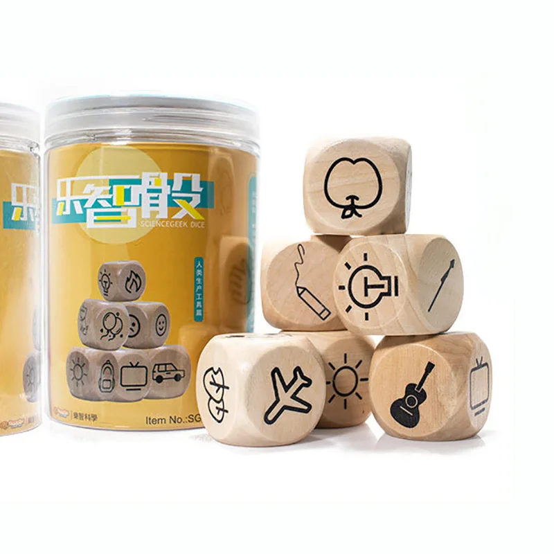 

6 pcs Big Wooden Dice Telling Story with Box Science Story Dice Game Family/Parents/Party Funny Imagine Magic Toys