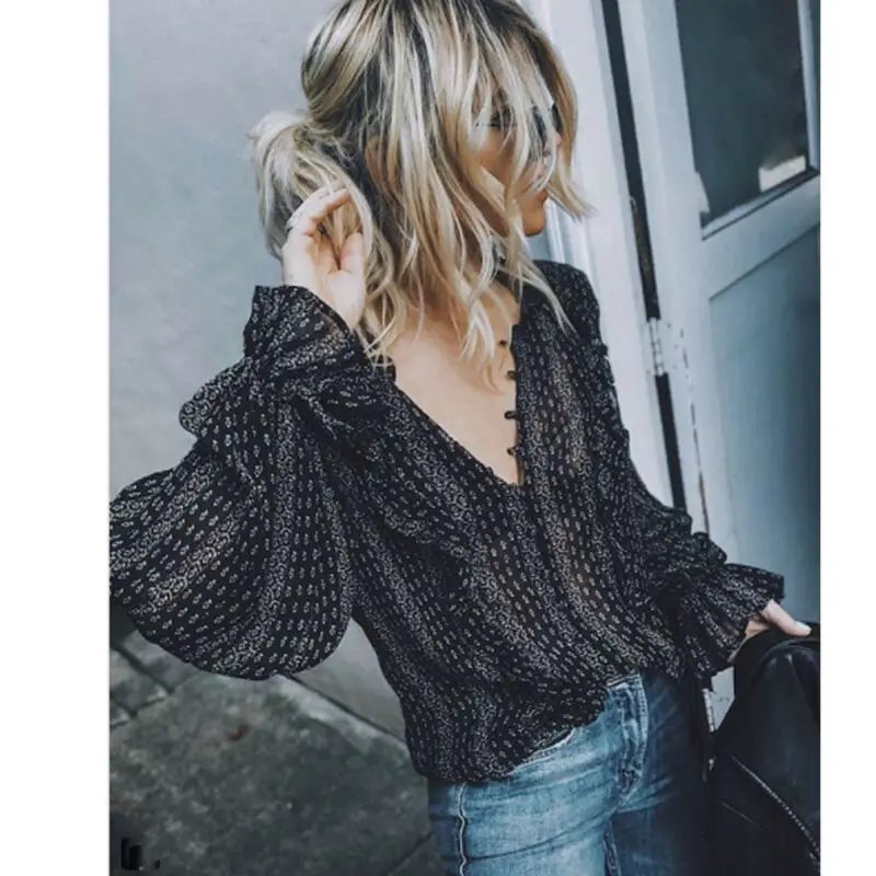 

Dropshipping Women Sexy Deep V-Neck Long Sleeve Blouse Ladies Summer Casual Shirts Loose Tops Female Blouse Streetwear L-XXXL