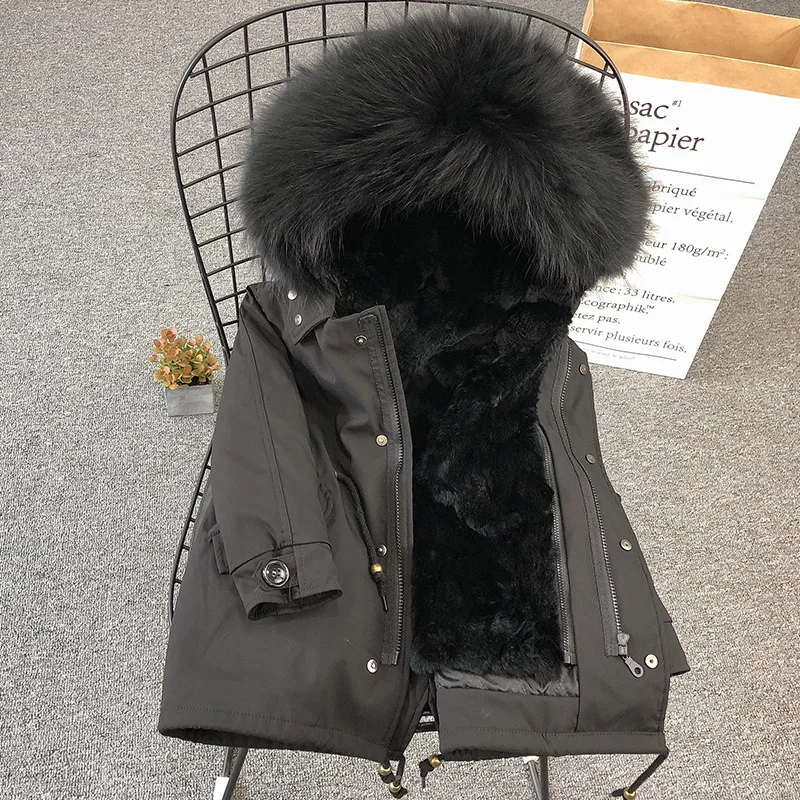 Детское пальто коллекция года, модное зимнее пальто с натуральным мехом теплая парка с воротником из меха енота для мальчиков и девочек детская куртка - Цвет: Black black fur