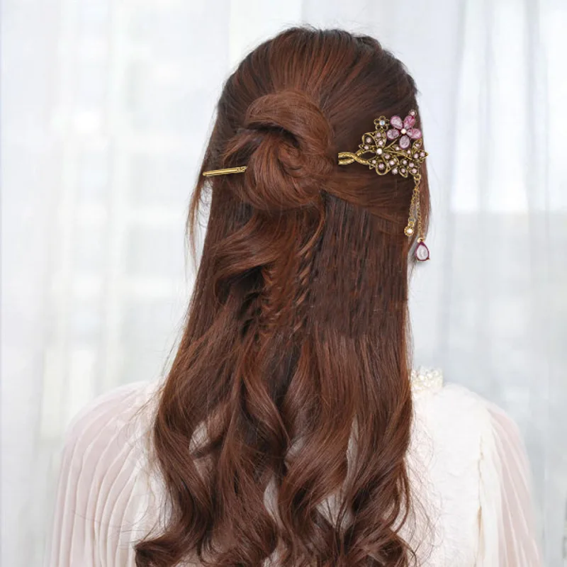 

Crystal Rhinestone Marquise Flower Hair Sticks Women Metal Chain Tassel Hairpin Hair Jewelry Hair Accessory