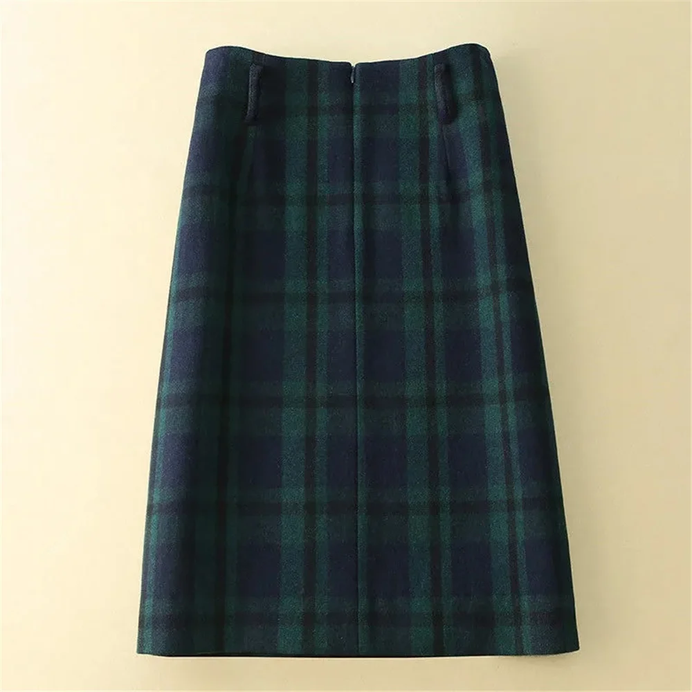 Green Plaid Vintage High Waist Straight Skirts Pockets Stitching Front Slit Woolen Knee Length Skirts Autumn Winter Elegant Saia tennis skirt outfits