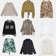 2019 ZA camisas de encaje Otoño Invierno blusas de impresión Floral mangas temperamento profundo o camisa de solapa mujeres moda jersey de calle alta(China)