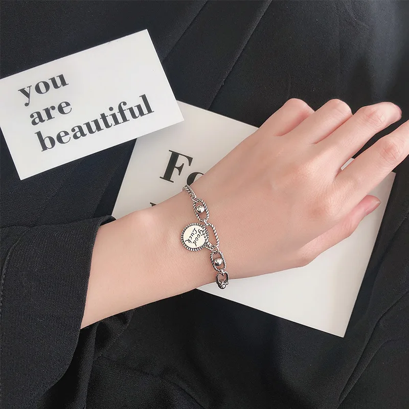 YAOLOGE 925 Sterling Silver Bracelet Retro Punk Style Round Pendant Ladies Hip Hop Rock Party Jewelry Fashion Gift | Украшения и