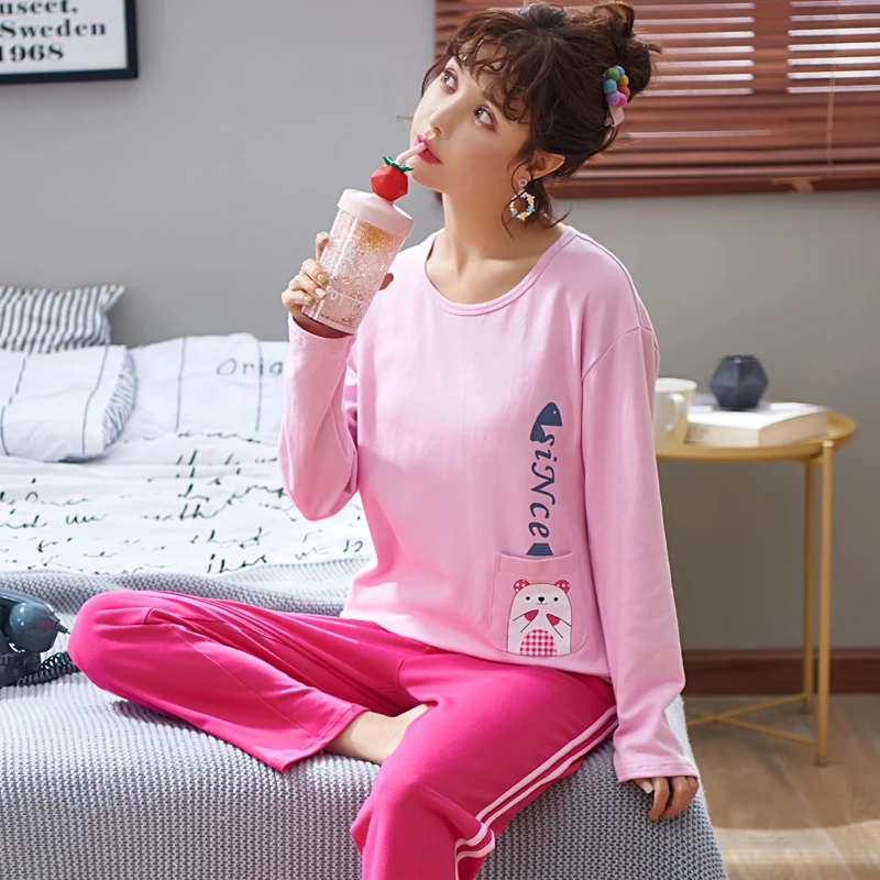 Новая Осенняя Пижама для женщин, Трикотажный Хлопковый пижамный комплект, домашняя пижама с длинным рукавом, повседневная мягкая женская одежда для сна большого размера - Цвет: XG1956
