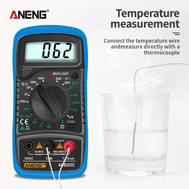 Multímetro Digital ANENG AN8205C, polimetro multimetro tester multímetro voltimetro voltimetro multimeter amperímetro CA/CC de voltios y ohmios, multímetro con retroiluminación LCD termopar portátil 5