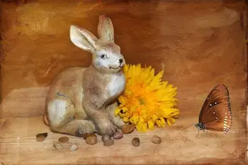 

oil painting handpainted on canvas"butterfly,flower,statue of Rabbit"