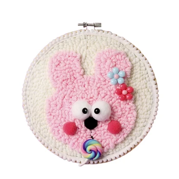 

DIY Knitting Wool Rug Hooking Kit Handcraft Woolen Embroidery Gift 17 x 17cm Solid Wood Frame Punch Needle - Pink Rabbit