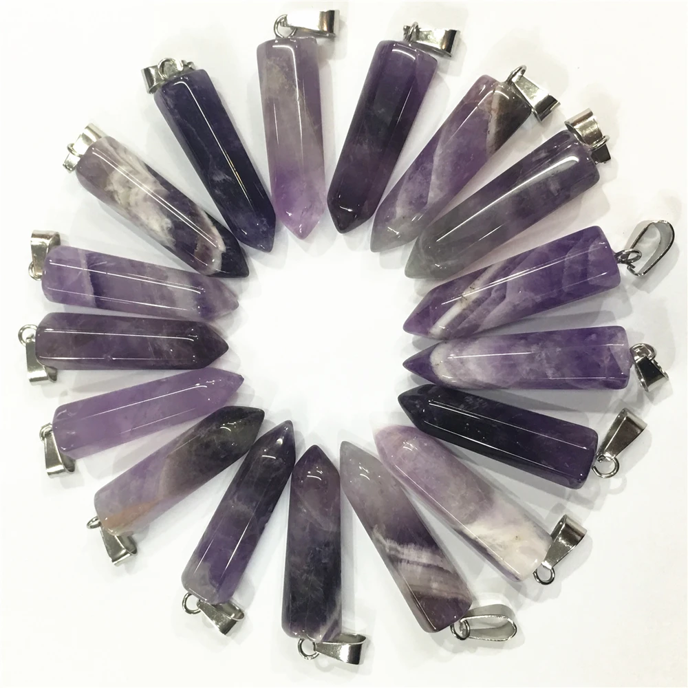 Best Selling Fahsion Natural Amethysts Stone Pillar Pendants Point Charms Hexagonal Pendant Dropshipping Wholesale Lot 24PCS | Украшения и