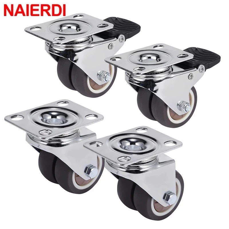 Cabinet 4 Pcs Swivel Castor Wheel Trolley Furniture Caster Castor Wheels with Brakes Double Bearing Industrial Castors No Noise,for Coffee Table Workbench,1.5 Inch 