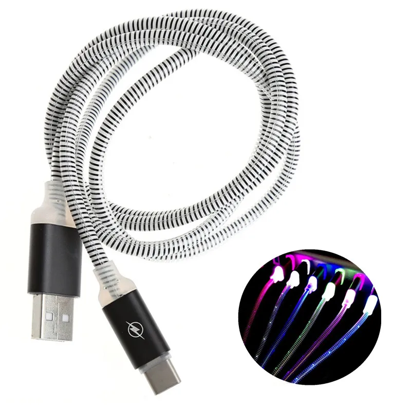 LED Lumines Spiral Cable For iPhone Samsung Xiaomi Type C Fast Charge USB Data Cable Micro USB Charging Cable Mobile Phone Cable