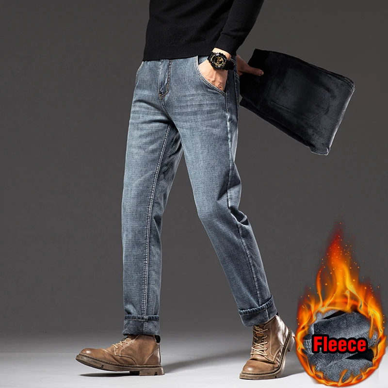 cowboy jeans Winter New Men Fleece Warm Jeans Classic Style Business Casual Regular Fit Thicken Stretch Denim Pants Male Brand Trousers ripped jeans for men