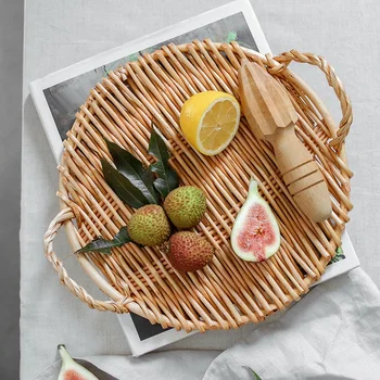 

Rattan Round Fruit Tray with Handle Storage Tray Breakfast Table Storage Basket Pastoral Rattan Tray Bread Tray