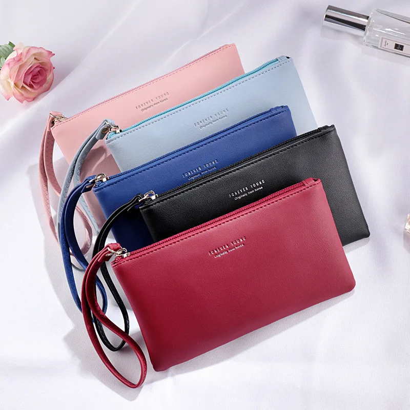 Bolso de mano de piel sintética para mujer, Cartera de mano femenina, bolsillo para teléfono móvil, bolsa con cierre de muñeca
