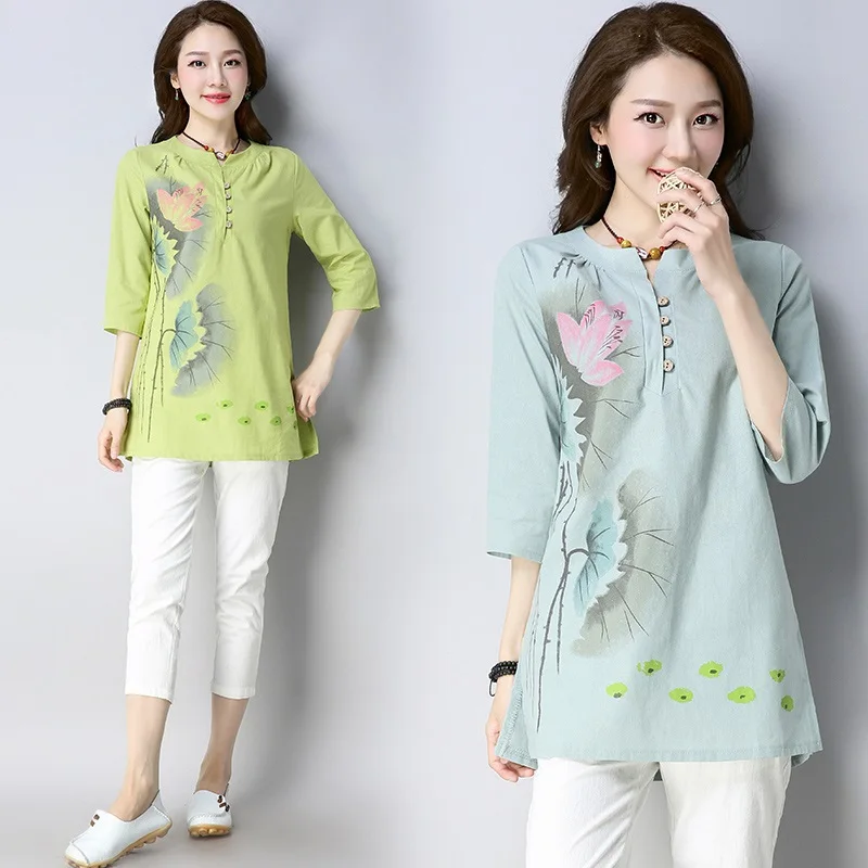 Ladies Chinese Tops Casual Plus Size Shirts Women Linen Print Blouse ...