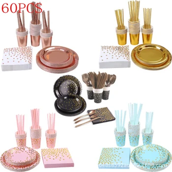 

60pcs/set Disposable Party Tableware Set For 10 person Paper Plates Napkins Straws Cups Wedding Birthday Party Decoration Kids