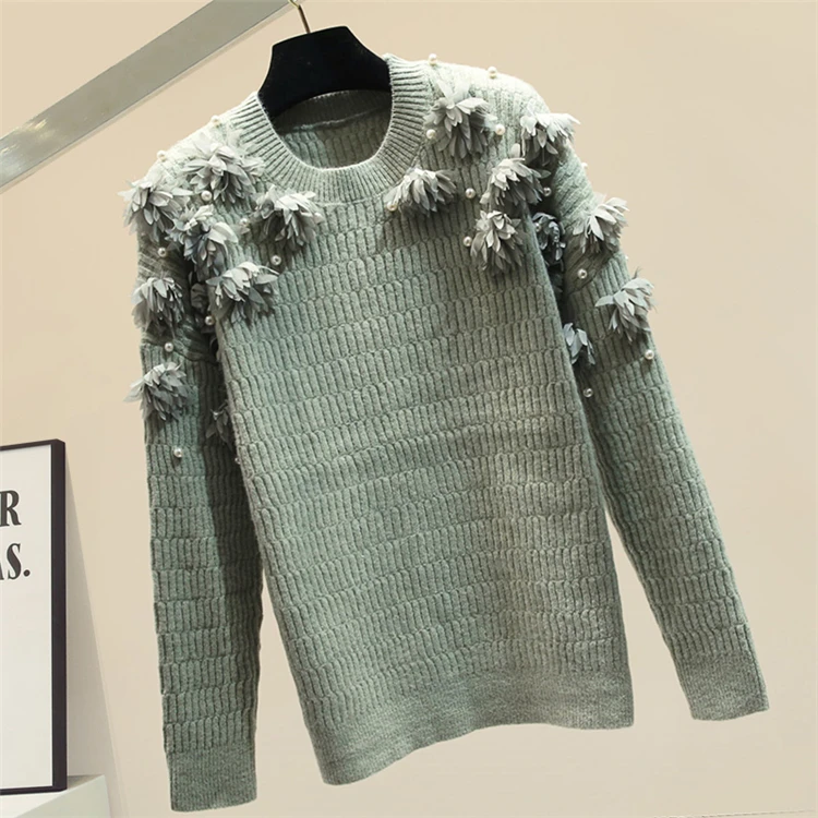Женский свитер с цветочными бусинами, вязаное пальто, женские свитера, одноцветные, Осень-зима, теплый свитер, Белый джемпер, Femme Nancylim