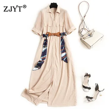 

Fashion Dress Summer Style Woman Clothes Europe 2020 New Designer Turn Down Collar Solid Casual Midi Dress With Belt