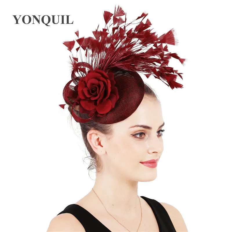 Очаровательная имитация Sinamay Дамы чародей свадебные шапки Королевский цветочный с головной убор, украшенный пером зажимы для волос случаю