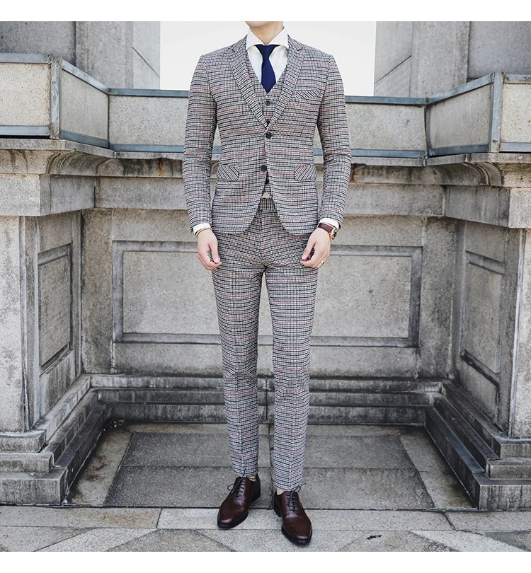 New British Retro Fine Lattice Slim Men's Suit Suit Fashion Men's Self-cultivation Business Casual Gentleman Groom Suit