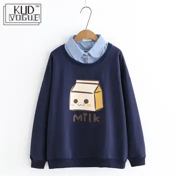 

Sweatshirt Women Cute Print Milk Box Shirt Collar Women Pullover Harajuku White Kawaii Japanese Style Mori Girl Femme Sweatshirt