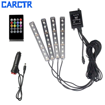 

CARCTR 4Pcs 9 LED Lights Strip Colorful RGB Sound Control Car Decorative Lamps Auto Interior Led Lights Remote Car Light 12V