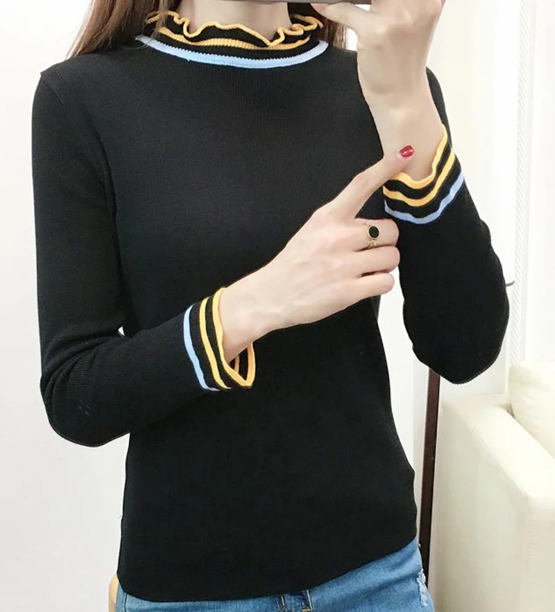 Knitted Women Solid Sweaters And Ruffled Collar Long Sleeve Casual Pullovers Sueter Mujer Tops Winter Sweet Korean Jumper