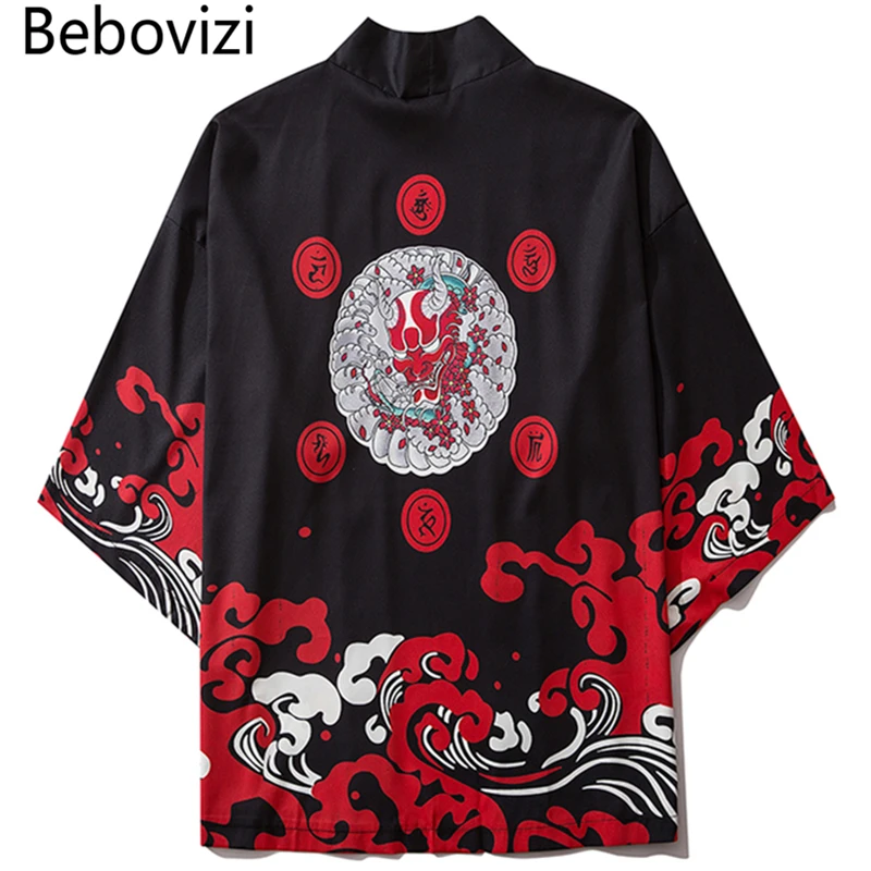 Bebovizi Harajuku Kimono Men Japanese Thin Kimono Streetwear Traditional Cardigan Samurai Yukata Demon Haori Obi