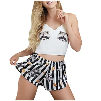 

The New пижама Pajamas Set women fashion Print Cute Cartoon Pattern Sleepwear Silk V-neck Satin Lingerie пижама для женщин