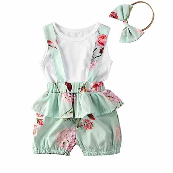 

Infant Baby Girls Ruffle Tops Sleeveless Vest T Shirt Floral Suspender Pants Headband Outfit 6 M-3Years