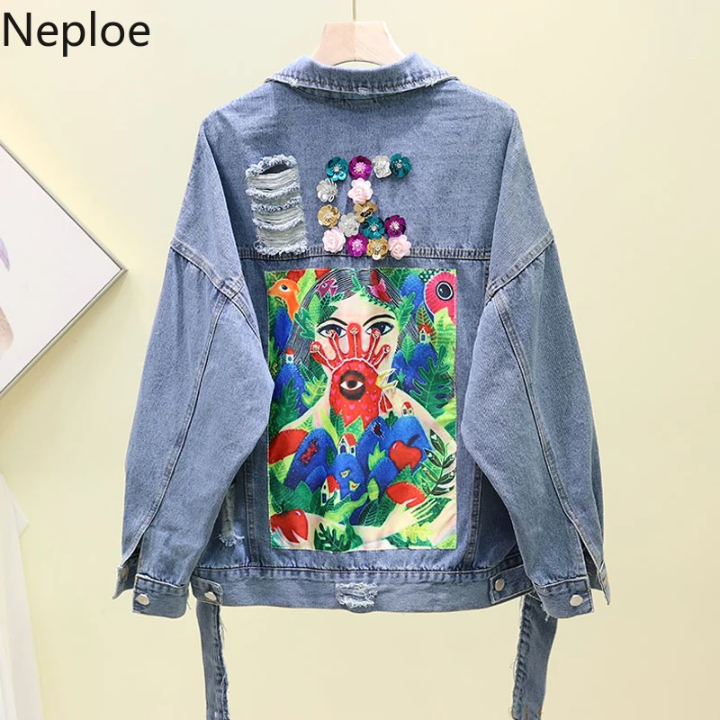 

Neploe Harajuku Hand-painted Print Chic Jean Jackets Sequined Fray Hole Denim Jacket 2019 Spring Fashion Outwear Windbreaker