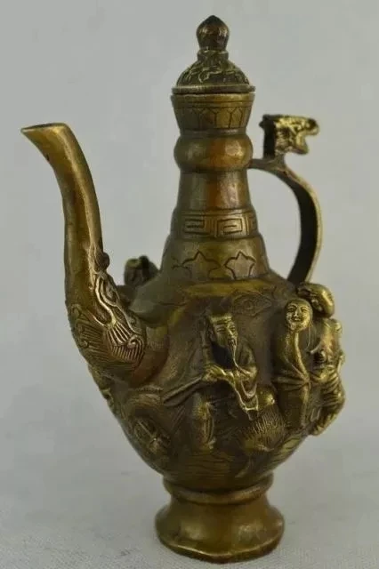 

6.75 inch / Elaborate Chinese old copper hand-carved eight immortal dragon teapot