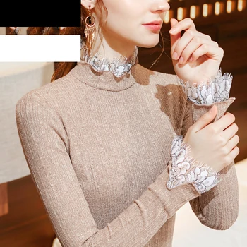 

Latin Dance Clothes Ladies Autumn Dress Women Stitching Lace Lace Half-High Collar Long-Sleeved Bell-Sleeve Balroom Tops BI044