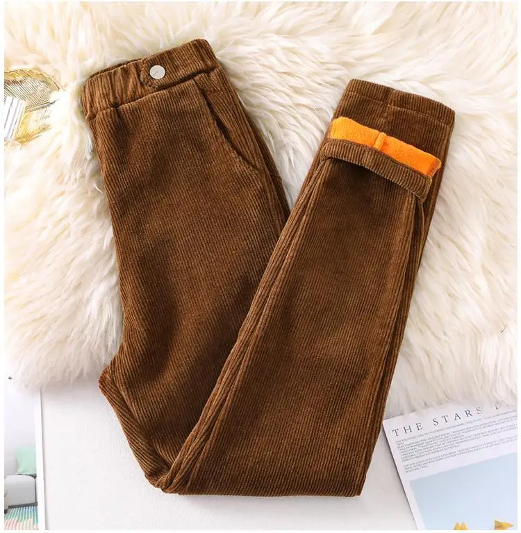 Вельветовые брюки женские бархатные толстые зимние размера плюс с высокой талией повседневные свободные эластичные женские шаровары цвета хаки 5XL 6XL - Цвет: khaki  9318