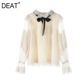 

DEAT 2020 new summer fashion women run way styles peter pan collar lantern sleeves lace hollow out shirt female blouse WL16700L
