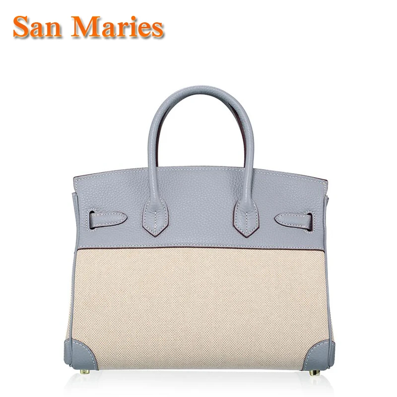 

San Maries Women Canvas&Genuine Leather Handbag Designer Female Famous Brand Tote Messenger Crossbody Bag Bolsa 25.30CM Dropship