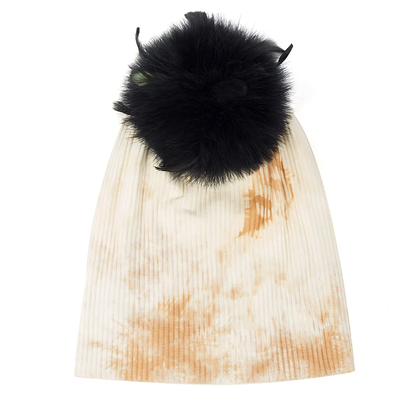 beige black Charm Wood, стиль, унисекс, Tie Dye Beanie, шапка для женщин и мужчин, шапка с черепом, зима-осень, теплые ребристые шапки с меховым помпоном страуса - Цвет: beige black