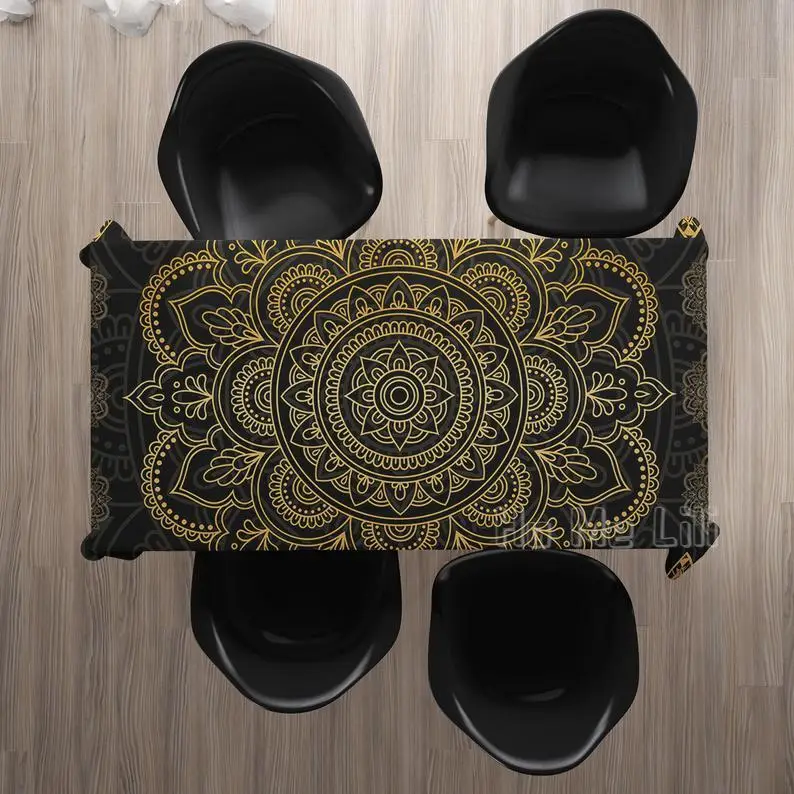

Black And Gold Mandala Tablecloth Boho Rectangle Home Decor