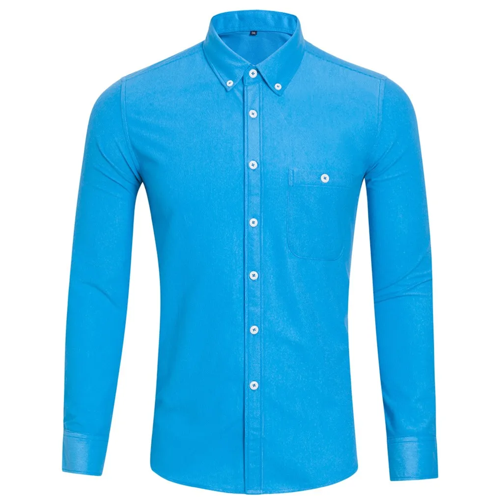 Однотонные повседневные мужские рубашки, облегающие, с отложным воротником, с длинными рукавами, одежда для офиса(верх), формальная рубашка, большие размеры, одежда для офиса, chemise homme - Цвет: Небесно-голубой